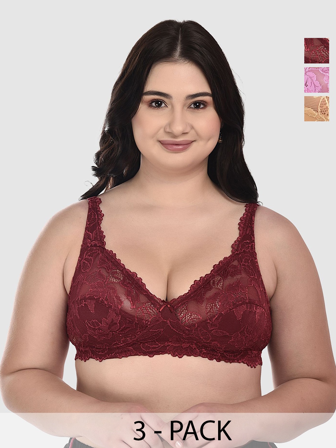 

DressBerry Pack of 3 Floral Medium Coverage Bra, Maroon