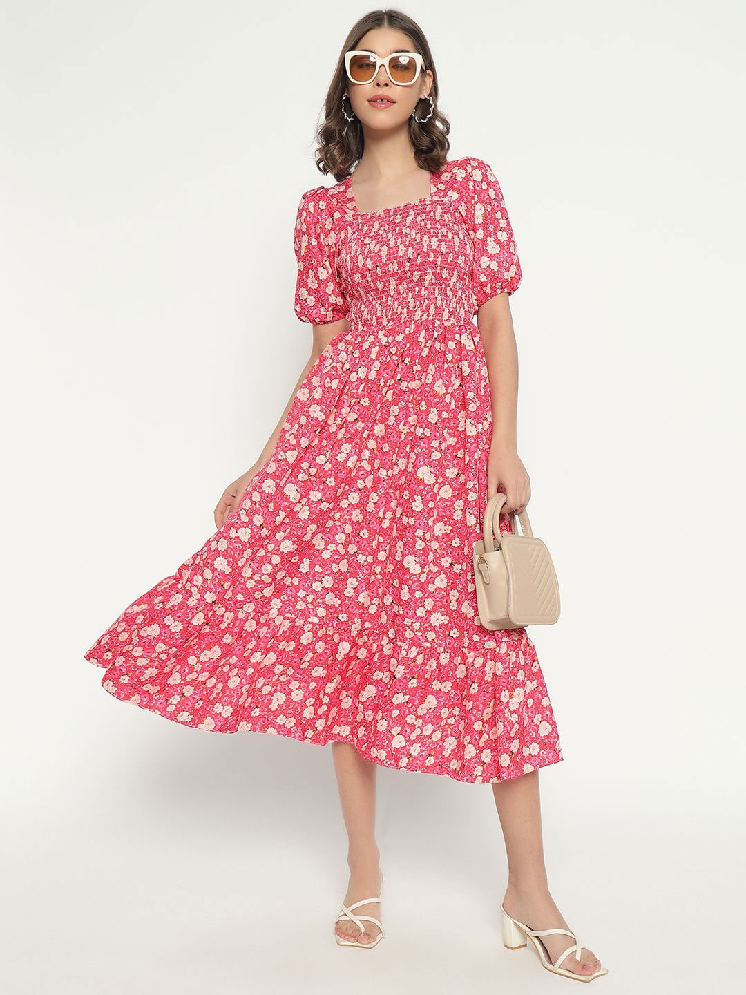 

Raiyani Enterprise Floral Printed Square Neck Smocked Tiered Fit & Flare Midi Dress, Peach