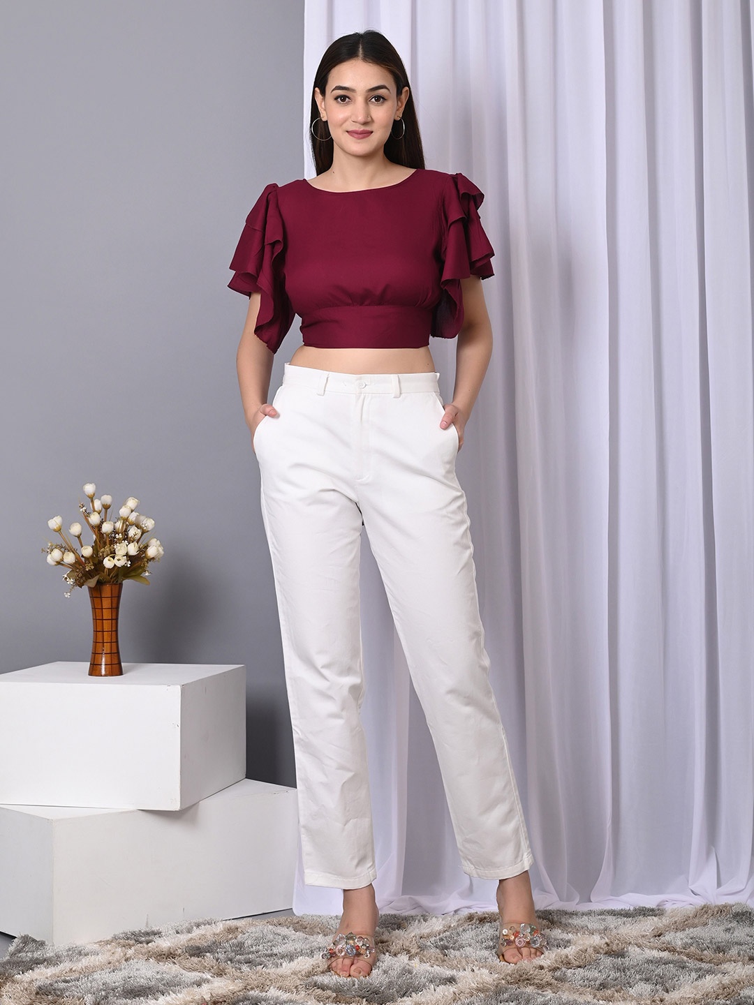 

VYMO Flutter Sleeve Ruffles Styled Back Crop Top, Maroon