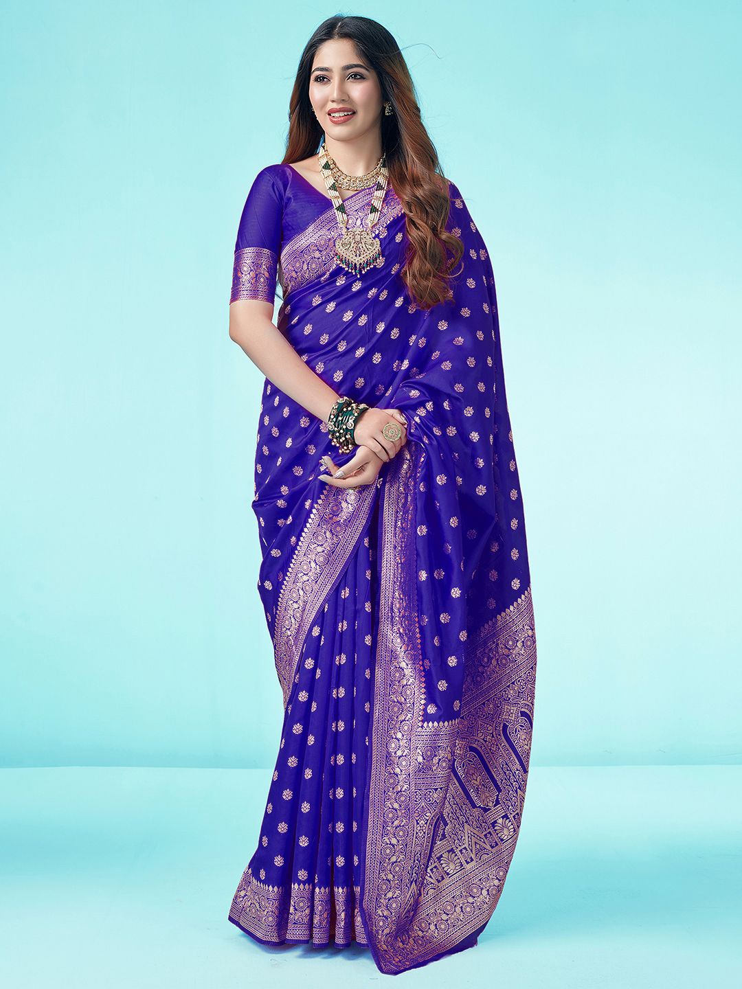 

KALINI Floral Zari Banarasi Saree, Blue