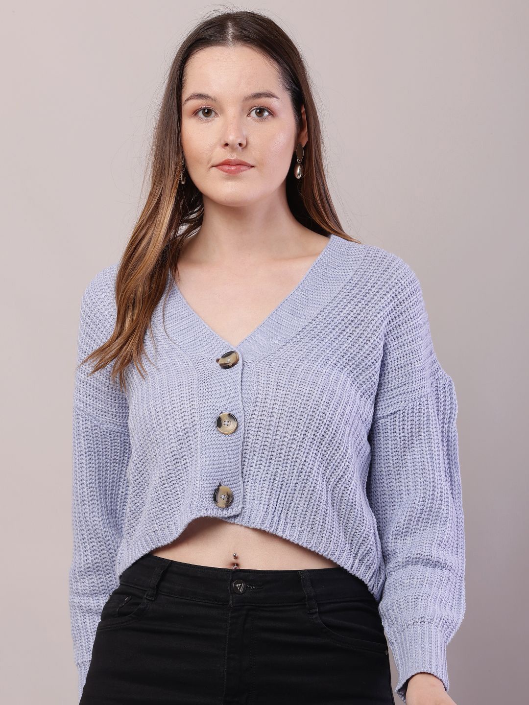 

NoBarr Women V-Neck Open Knit Crop Pullover, Blue