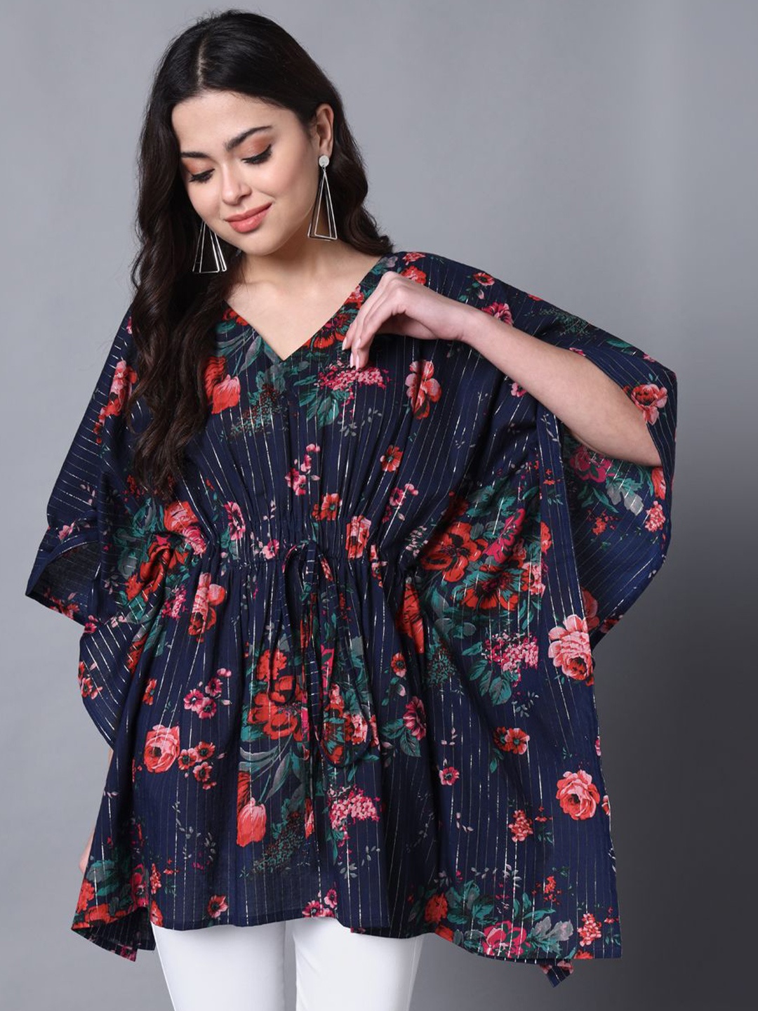 

DECKEDUP Floral Print Kimono Sleeve Cotton Cinched Waist Top, Blue