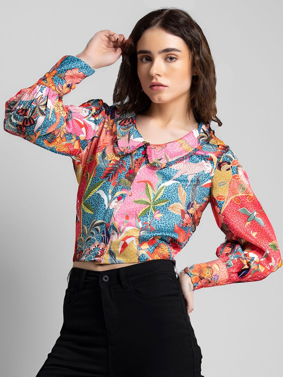 

SHAYE Women Contemporary Fit Floral Printed Peter Pan Collar Casual Shirt, Pink