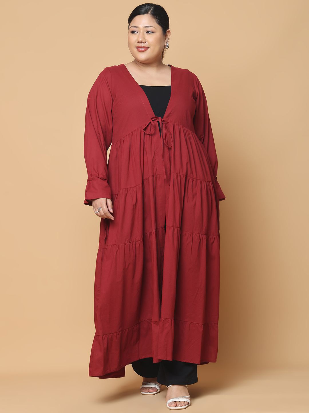 

theRebelinme Plus Size Bell Sleeves Gathers Longline Pure Cotton Tie-Up Shrug, Maroon