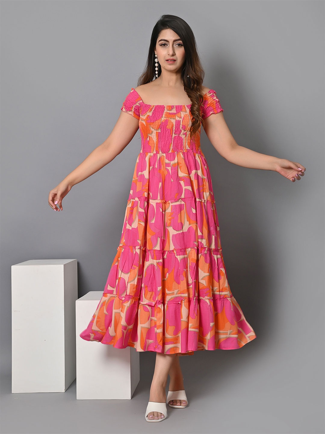 

VYMO Printed Square Neck Smocked Tiered Fit & Flare Midi Dress, Pink