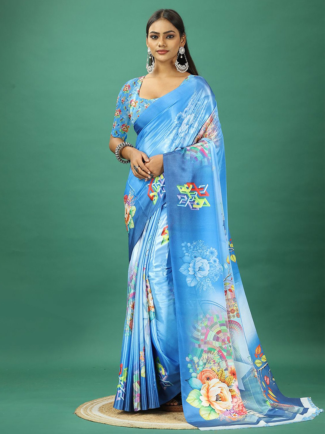 

NIRMAL CREATION Floral Printed Satin Saree, Blue