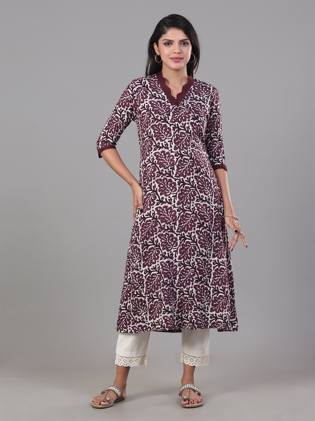 

Vismay Women Printed V-Neck A-Line Kurta, Maroon