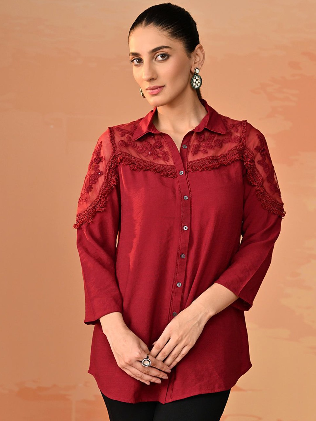 

Lakshita Women Classic Fit Solid Embroidered Semi Sheer Casual Shirt, Maroon