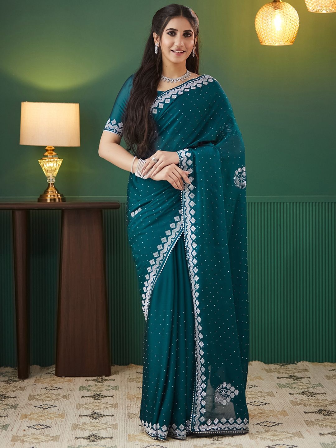 

Satrani Embellished Beads and Stones Pure Georgette Saree, Teal