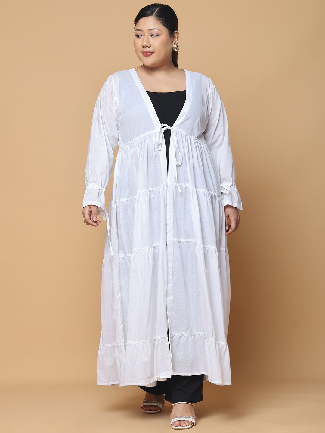 

theRebelinme Plus Size Bell Sleeves Gathers Longline Pure Cotton Tie-Up Shrug, White