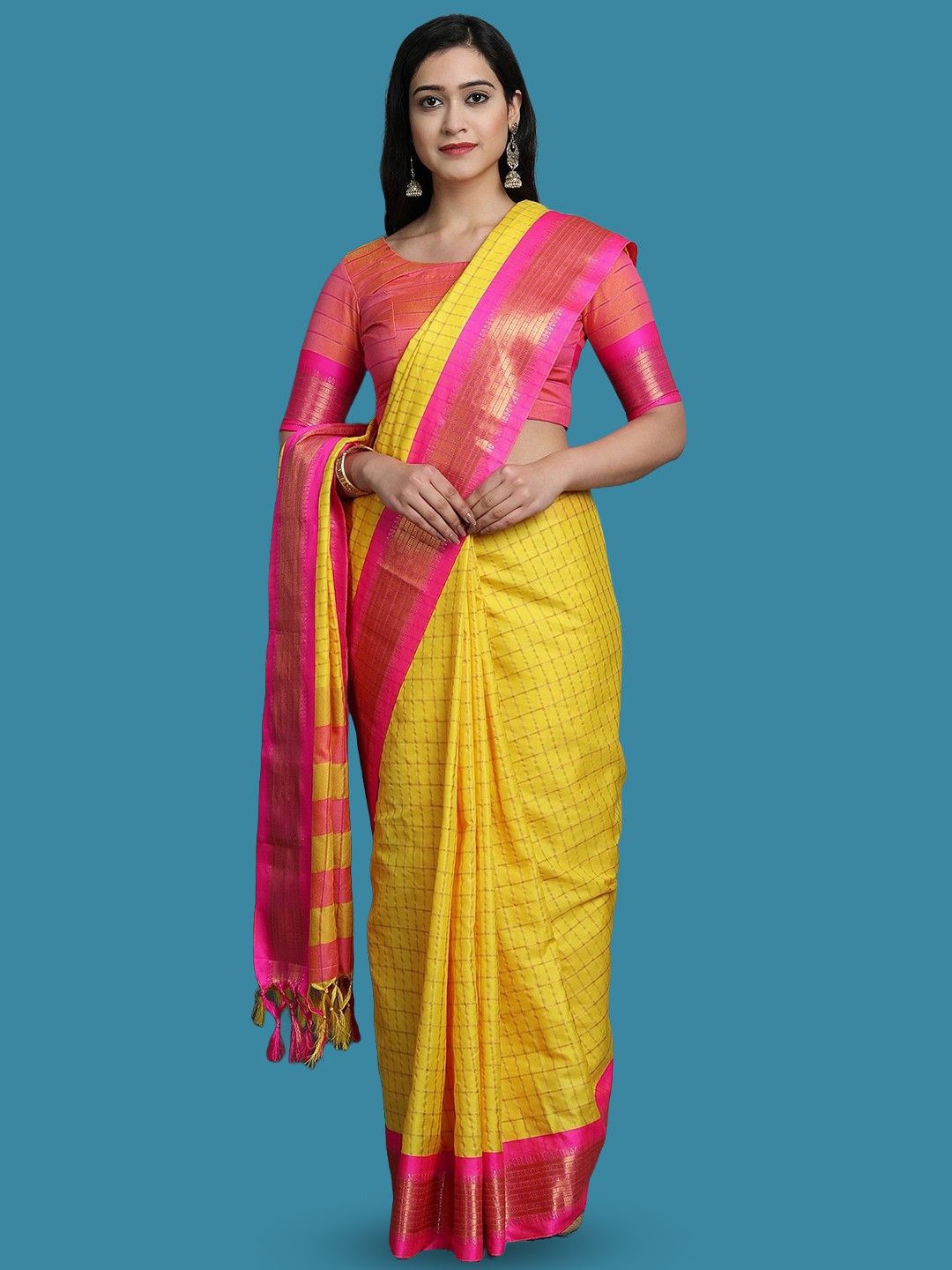 

yourwish Checked Woven Design Zari Garad Saree, Yellow