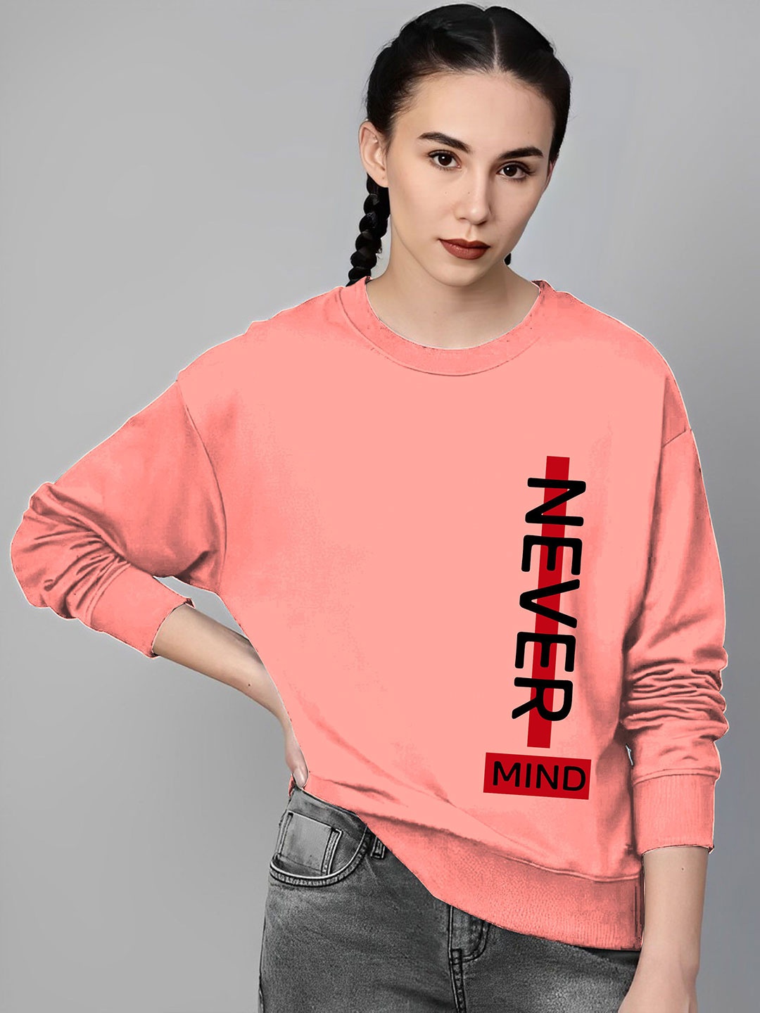 

LECOWAR Women Printed Round Neck Sweatshirt, Peach