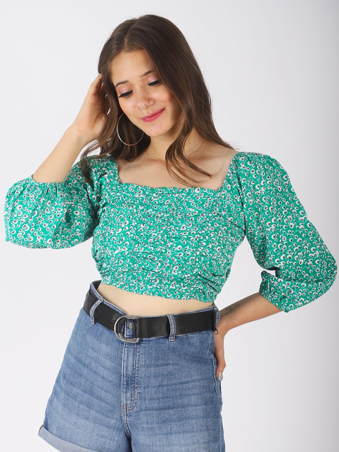 

DressBerry Women Floral Printed Puff Sleeve Crop Top, Green