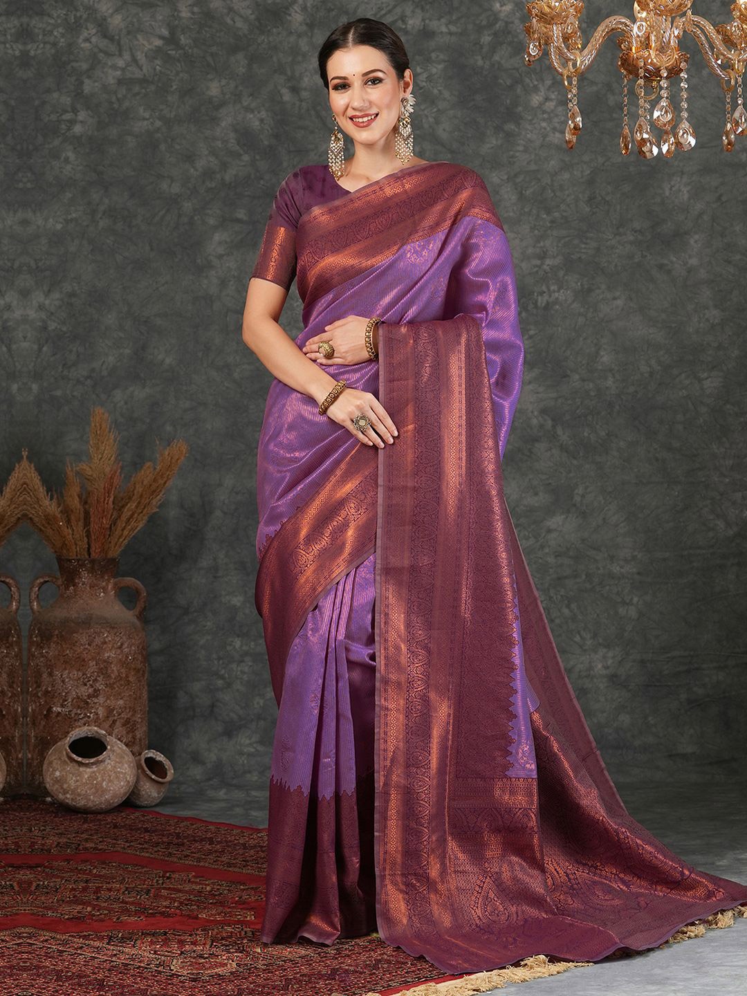 

Satrani Women Ethnic Motifs Zari Banarasi Saree, Purple