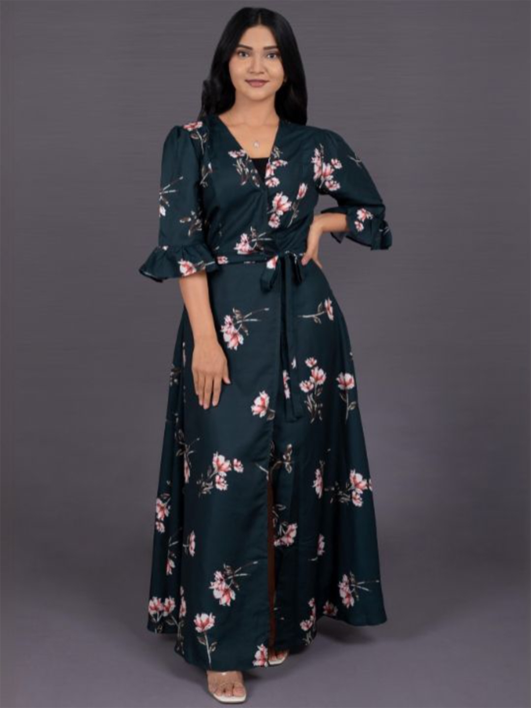 

La Aimee Floral Print Bell Sleeve Crepe A-Line Maxi Dress, Green