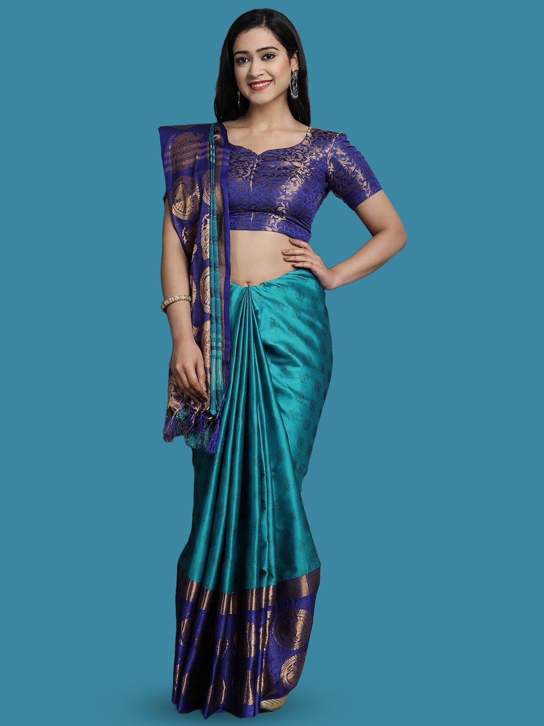 

Yourwish Embellished Zari Gadwal Saree, Teal