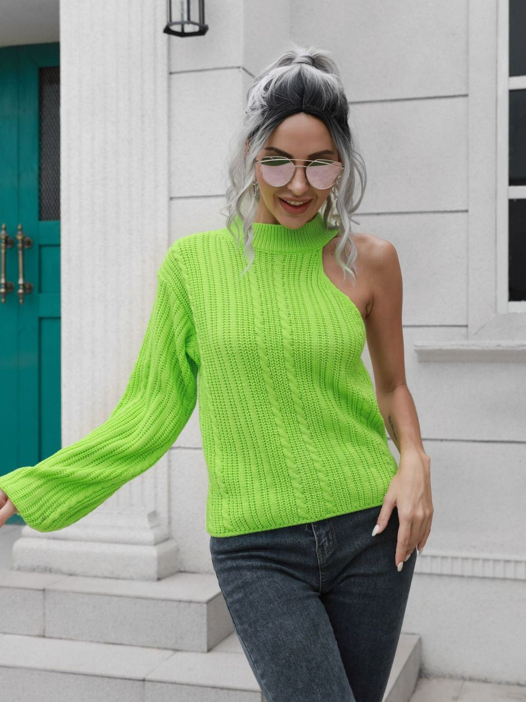 

Oh Rare Women Acrylic One-shoulder Pullover, Green