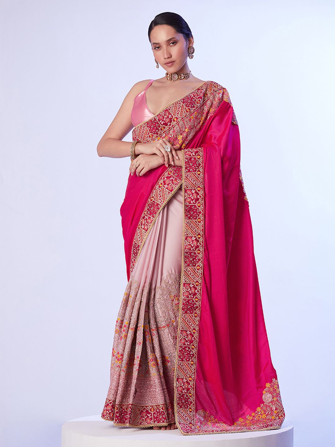 

Mitera Floral Beads and Stones Satin Saree, Pink