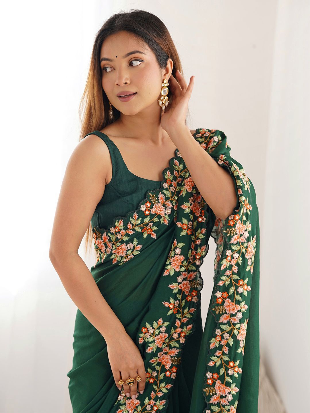 

Anouk Floral Embroidered Saree, Green