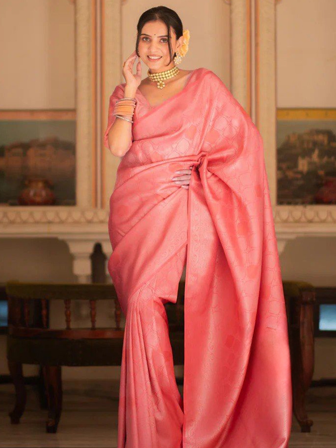 

Kriyansh Ethnic Motifs Zari Kanjeevaram Saree, Peach