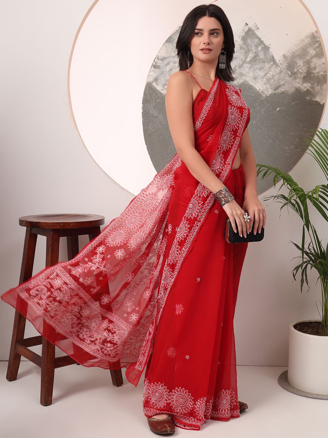 

Z HOME Floral Poly Chiffon Saree, Red