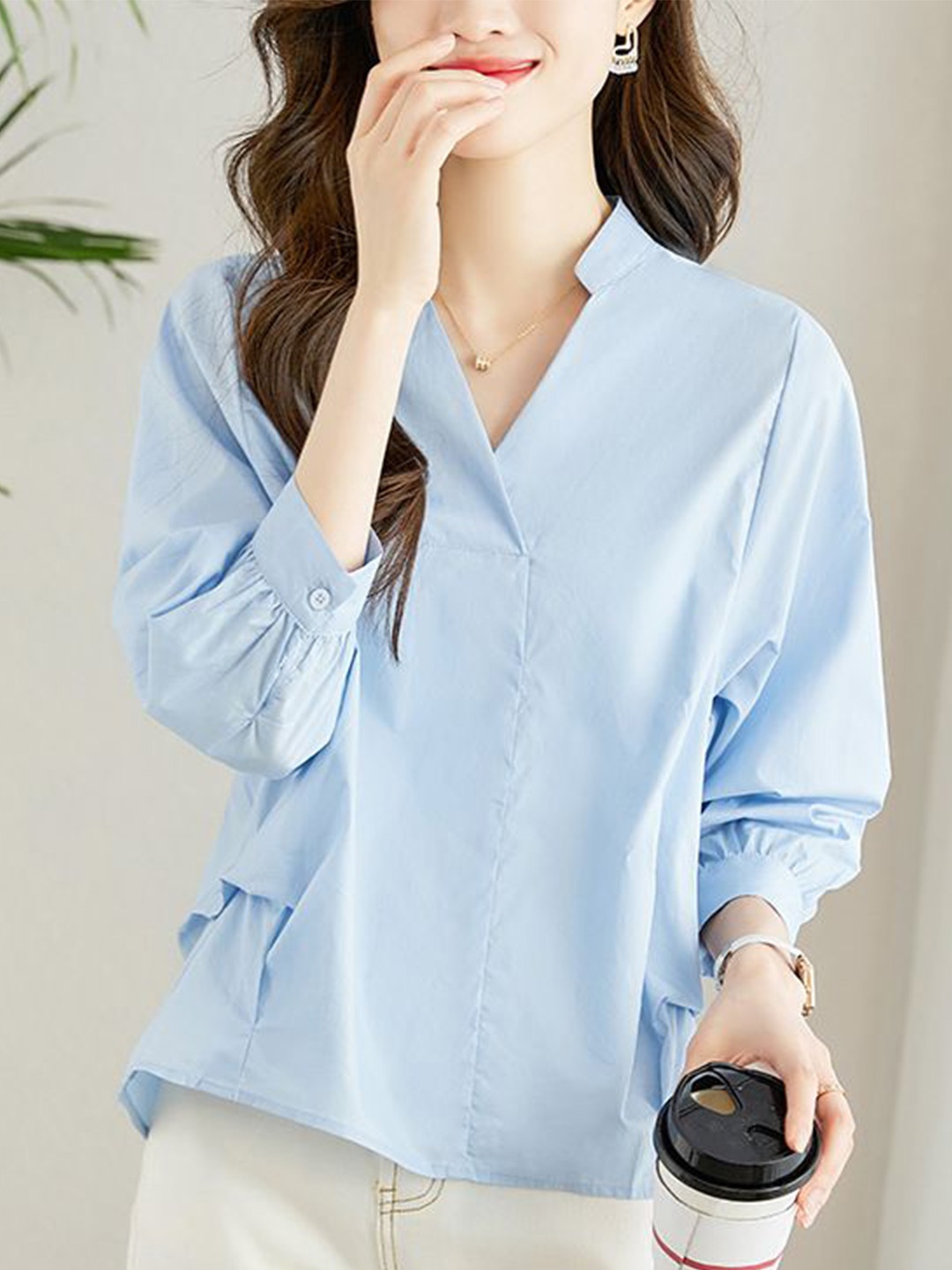 

StyleCast Women Mandarin Collar Cotton Shirt Style Top, Blue