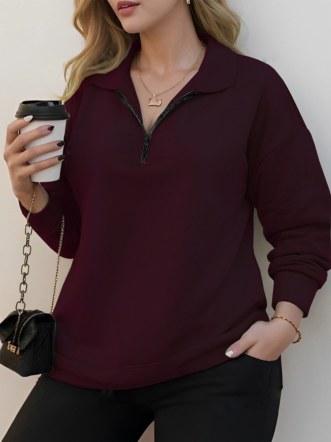 

LECOWAR Women Shirt Collar Pullover Sweatshirt, Maroon