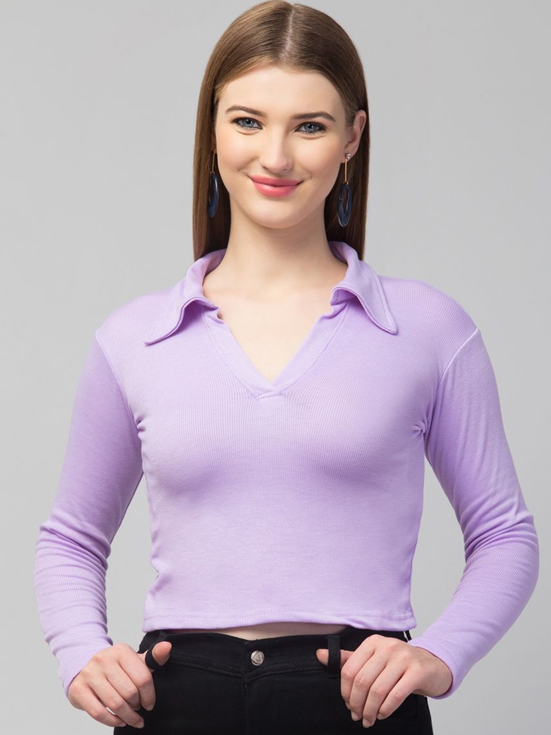 

Trend Level Women Shirt Collar Fitted Crop Top, Purple