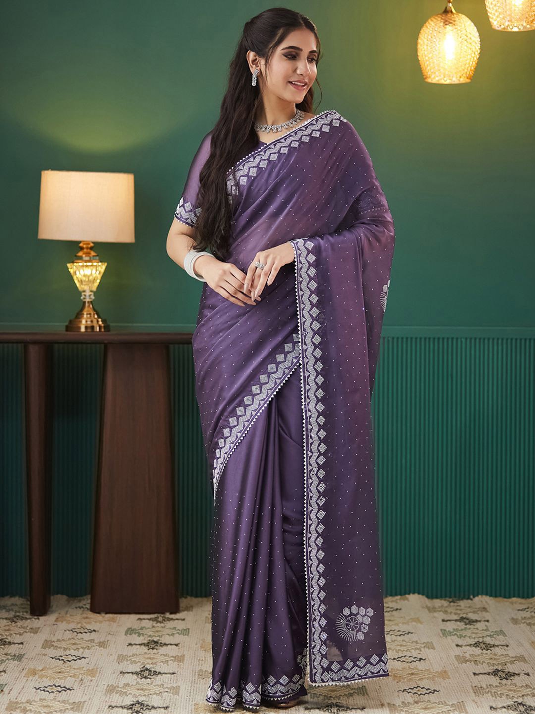 

Satrani Embellished Beads and Stones Pure Georgette Saree, Purple