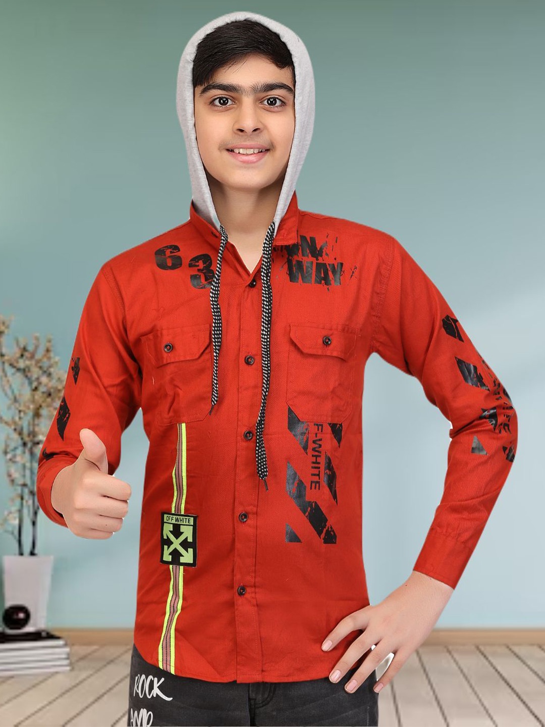 

FASHION GRAB Boys Classic Hood Multi Striped Cotton Casual Shirt, Orange