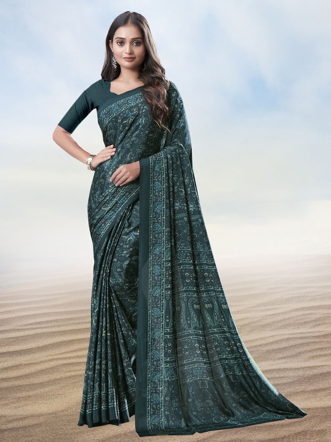 

Kasak Floral Pure Crepe Saree, Teal