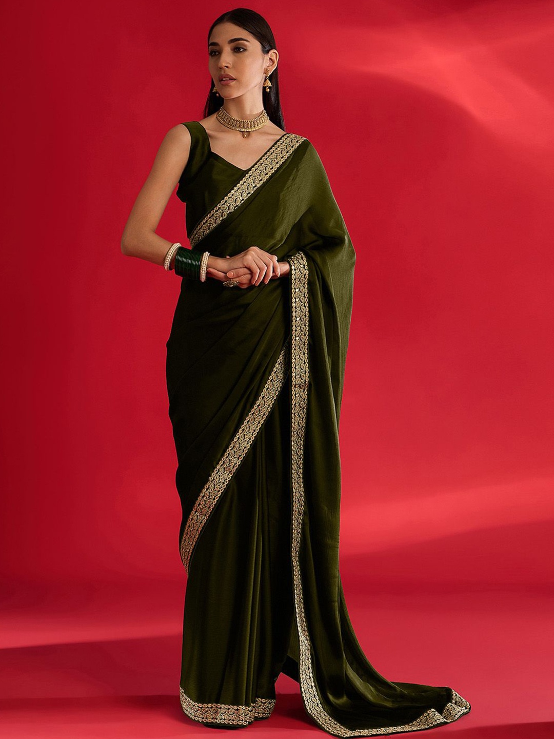 

Mitera Embroidered Satin Saree, Olive