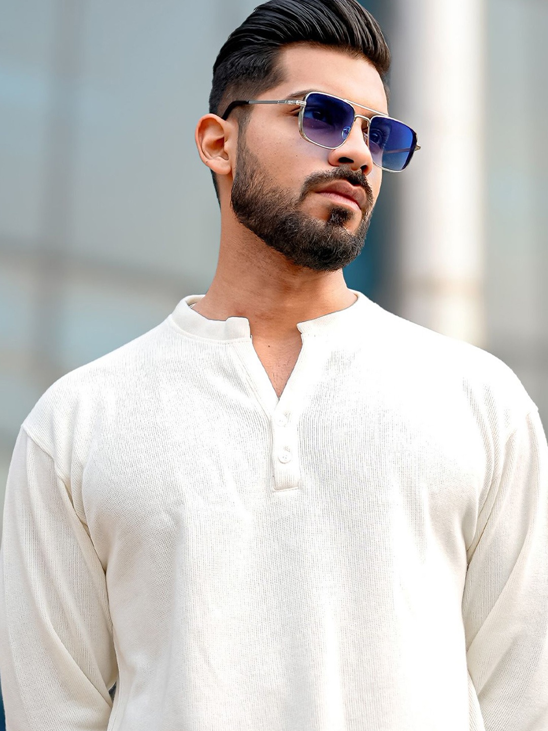 

Maniac Men Henley Neck Cotton Pullover, White