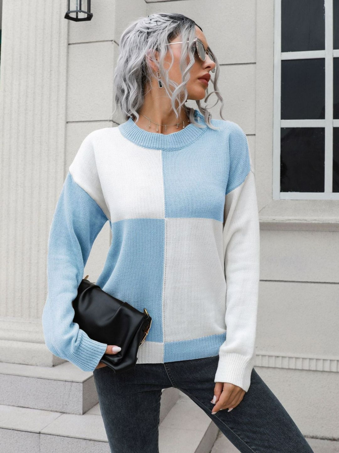 

Oh Rare Women Colourblocked Long Sleeves Pullover Sweater, Blue