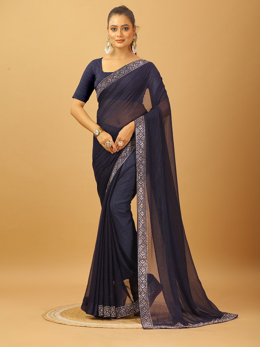 

NIRMAL CREATION Beads and Stones Pure Chiffon Saree, Navy blue
