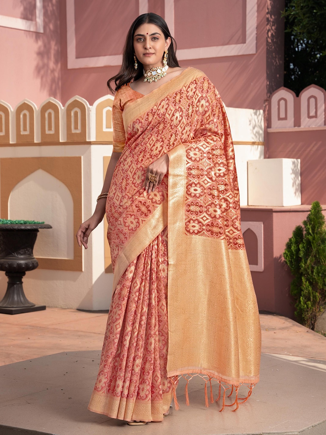 

GAJARAI Zari Silk Cotton Ikat Saree, Peach