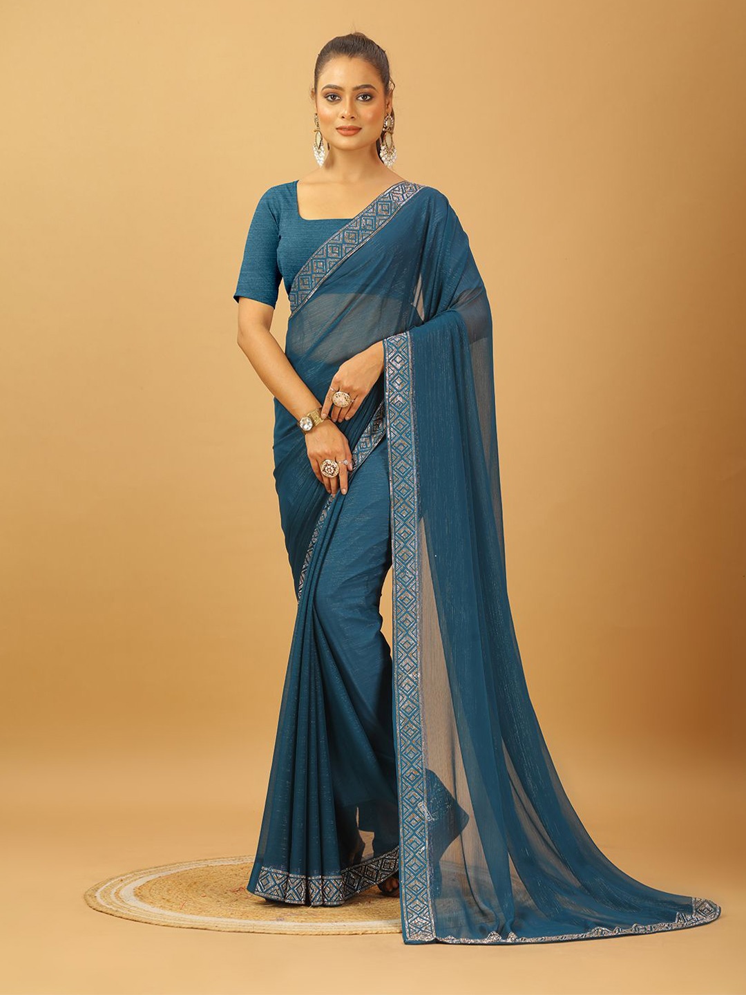 

NIRMAL CREATION Embellished Beads and Stones Pure Chiffon Saree, Turquoise blue
