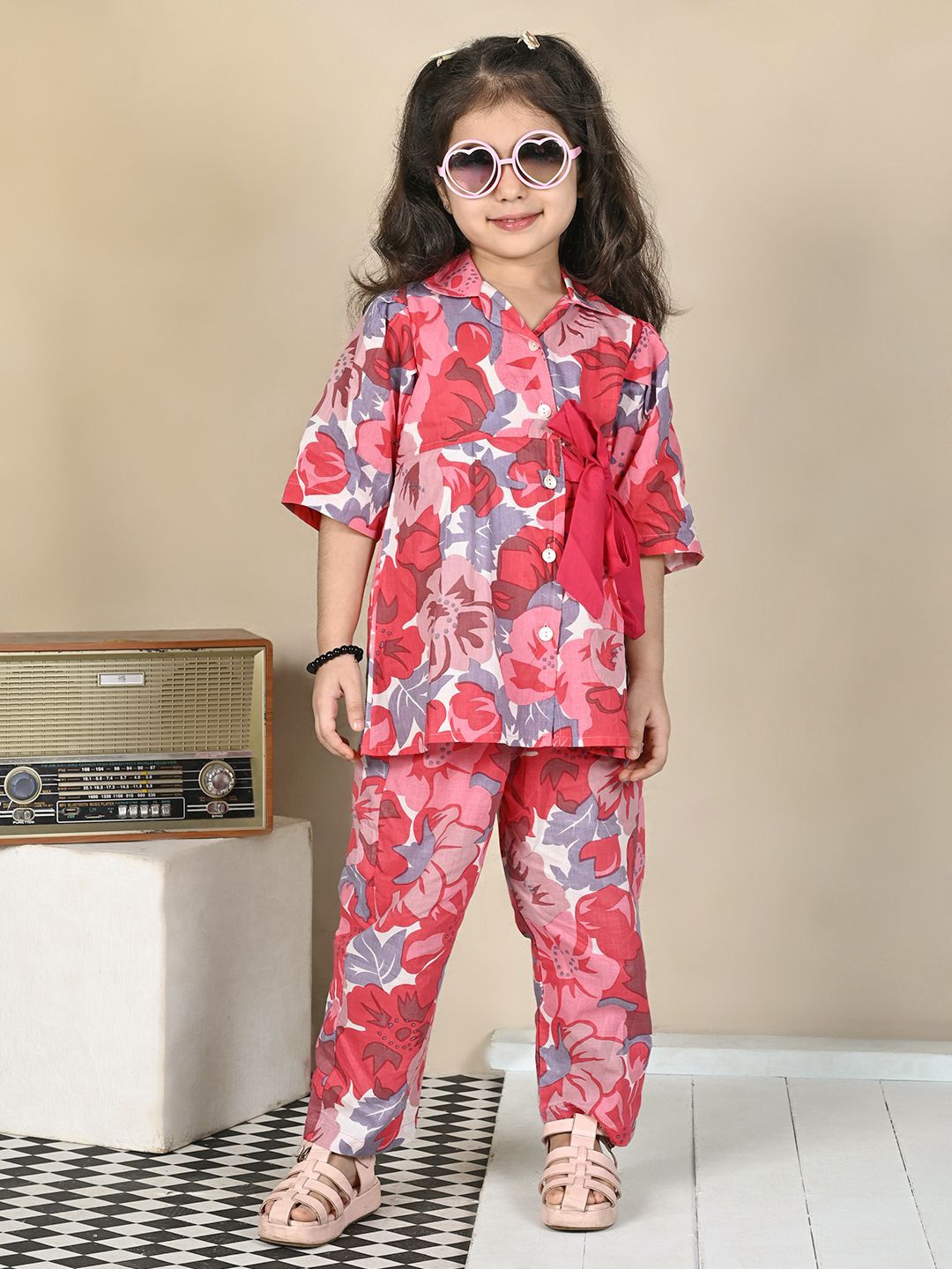 

Superminis Girls Printed Three-Quarter Sleeves Pure Cotton Shirt With Trousers, Pink