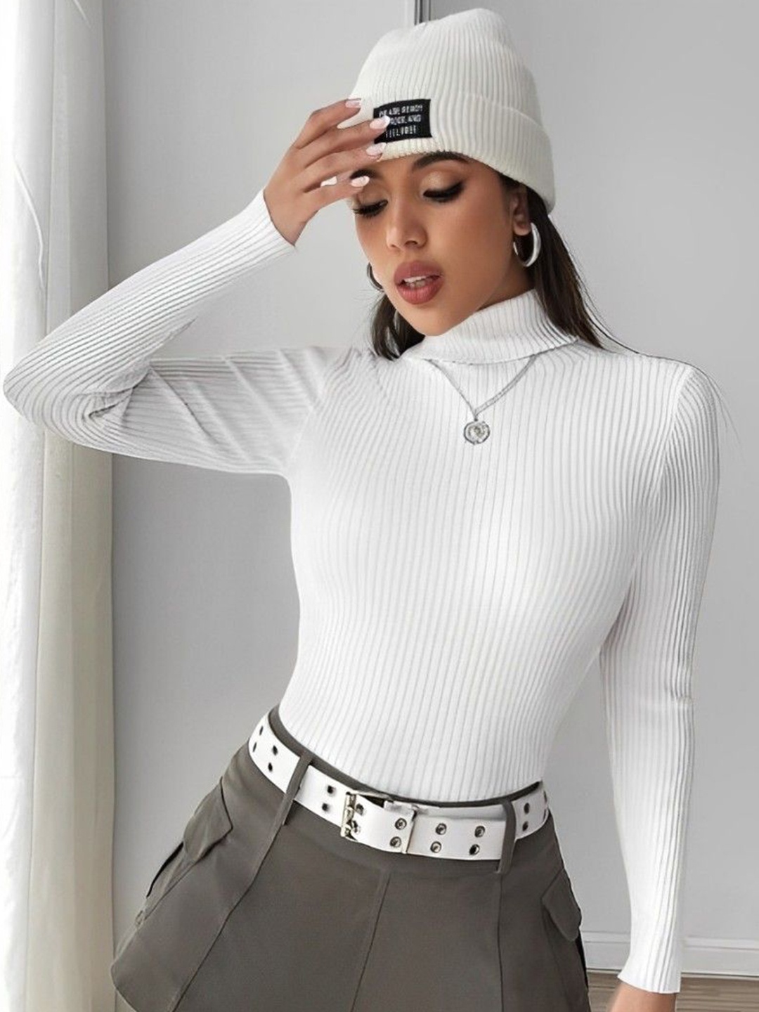 

LECOWAR Women High Neck Cotton Fitted Top, White