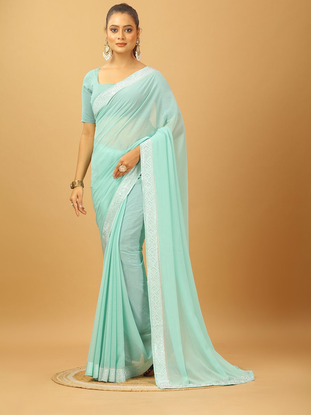 

NIRMAL CREATION Beads and Stones Pure Chiffon Saree, Green