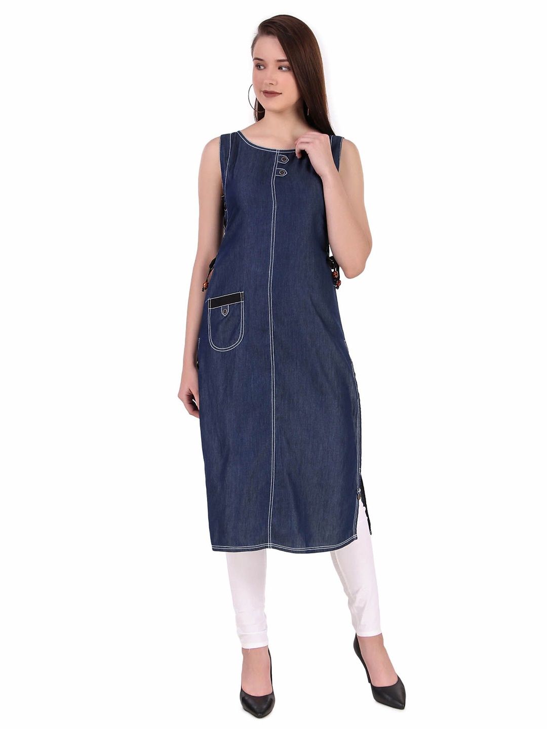 

Pose india Sleeveless Denim Cotton Straight Kurta, Blue