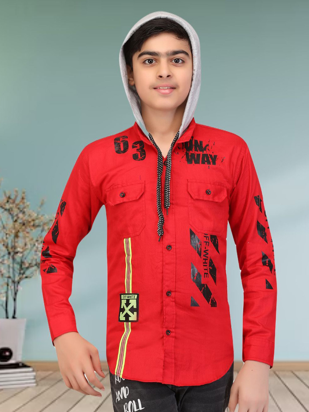

FASHION GRAB Boys Classic Hood Multi Striped Cotton Casual Shirt, Red