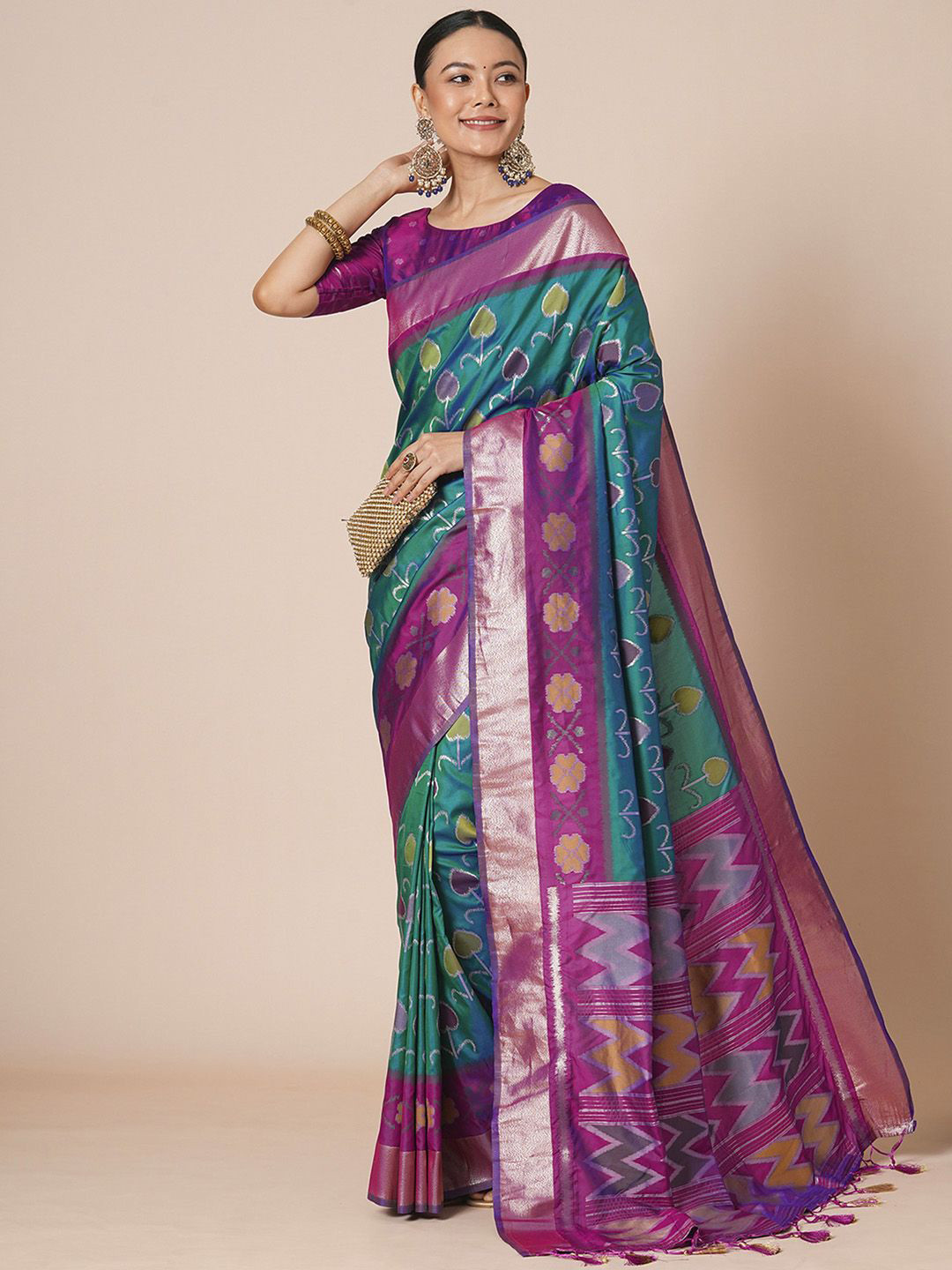 

House of Pataudi Woven Design Pochampally Saree, Teal