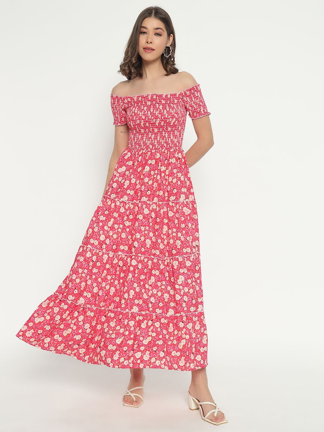 

Femvy Women Floral Printed Fit & Flare Maxi Dress, Pink