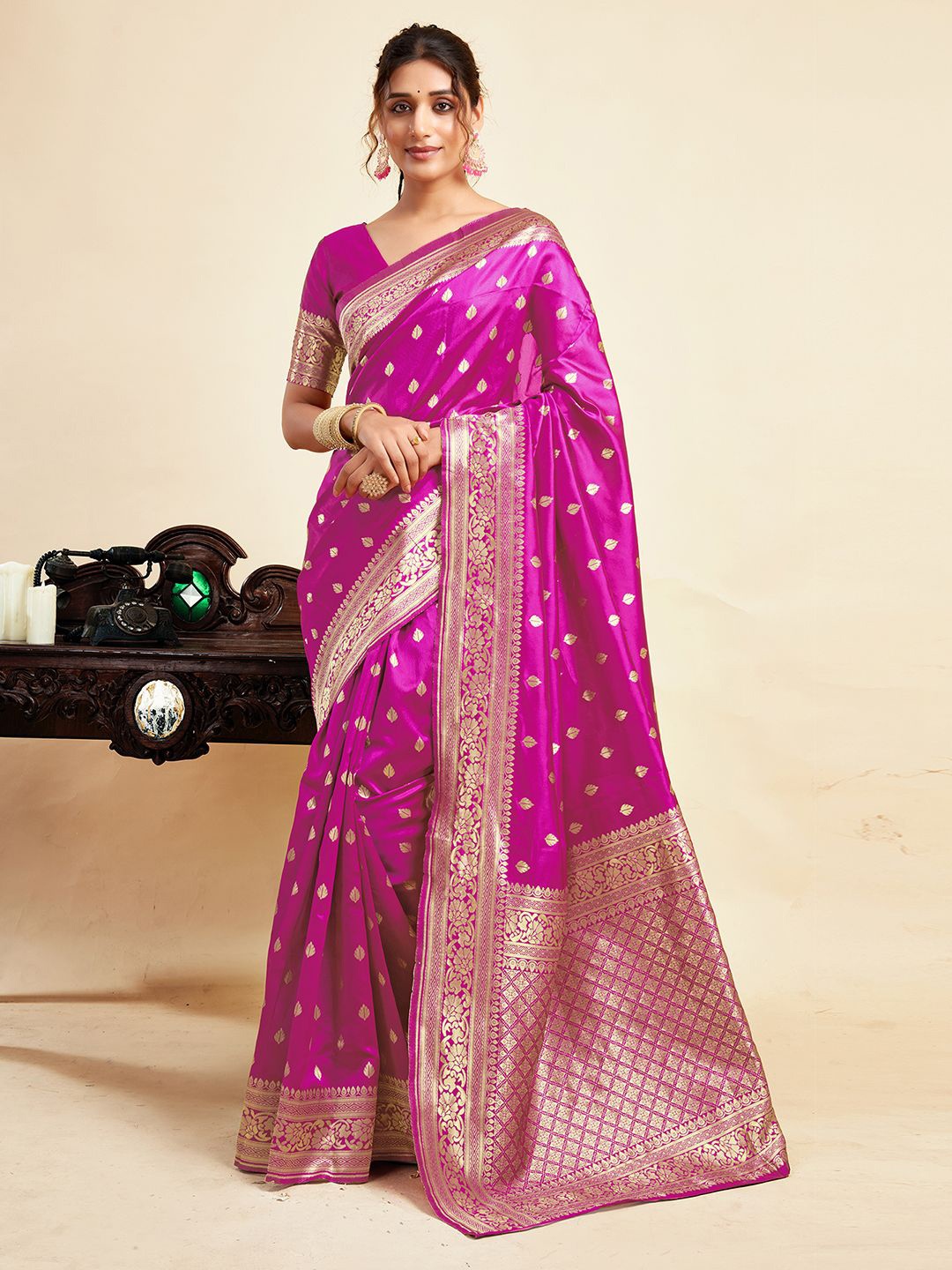 

KALINI Ethnic Motifs Zari Banarasi Saree, Pink