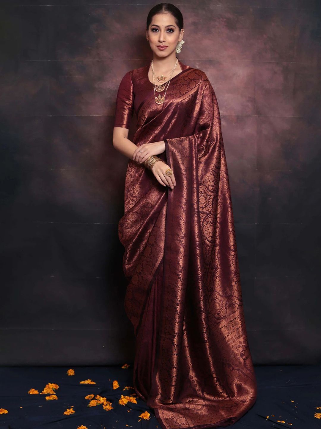

KALINI Floral Zari Banarasi Saree, Brown