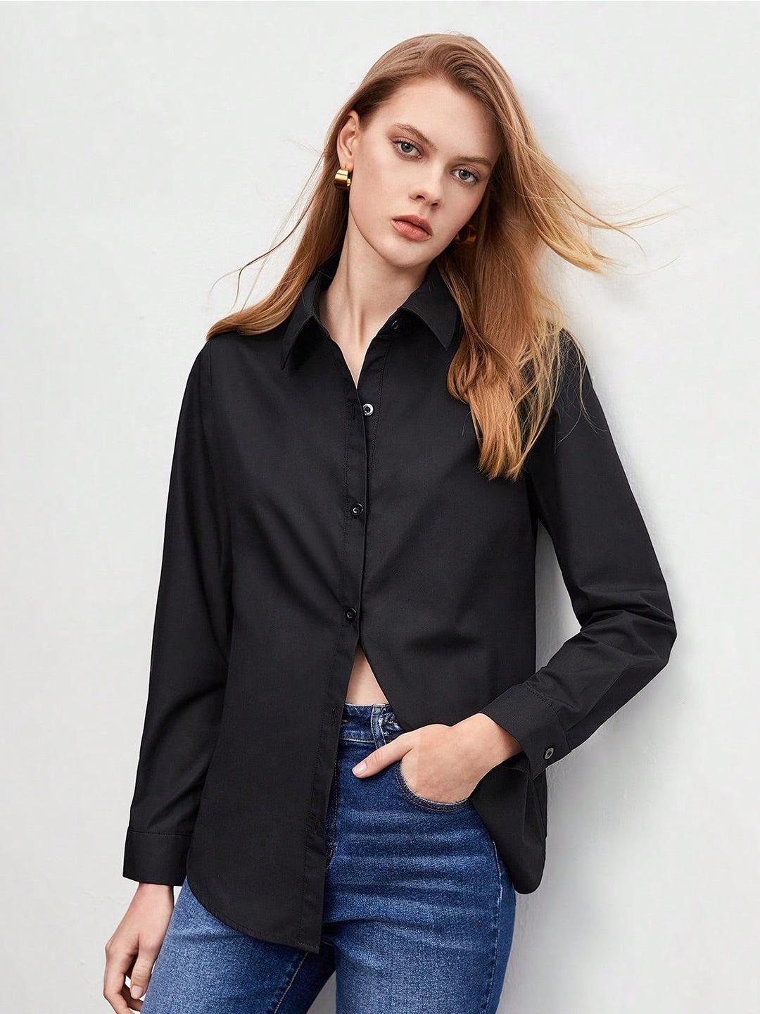 

WHY SO FAB Women Comfort Oversized Fit Spread Collar Solid Cotton Casual Shirt, Black