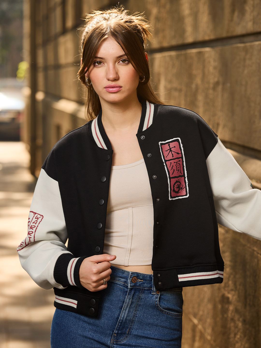 

The Souled Store Women Asian Warrior Printed Cotton Varsity Jacket, Black