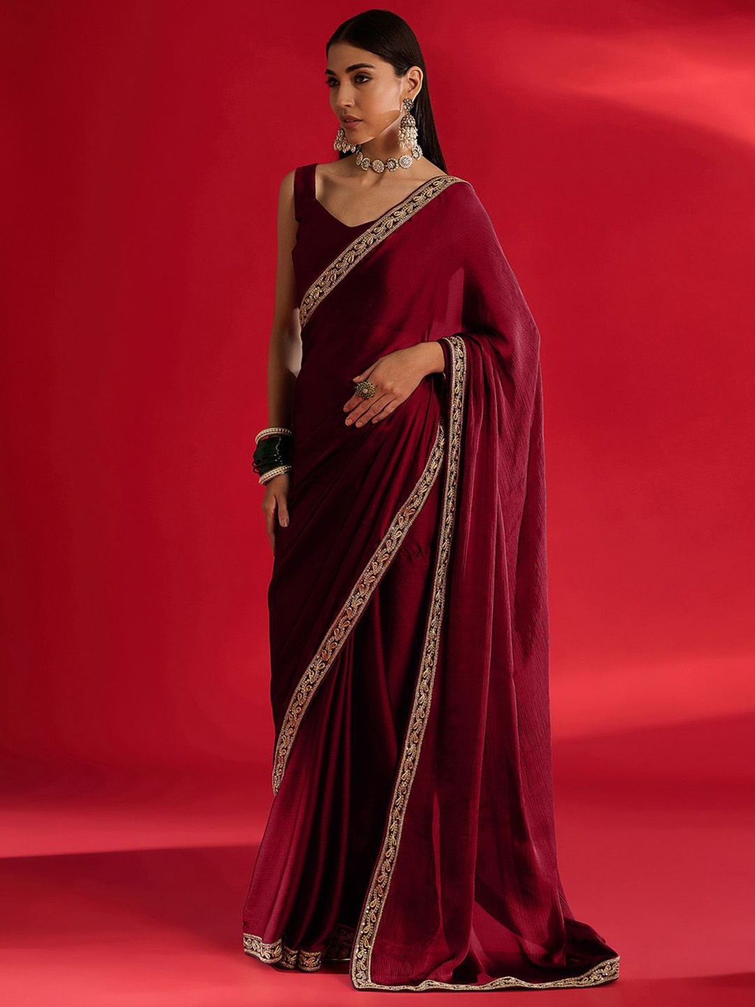 

Mitera Embroidered Satin Saree, Maroon