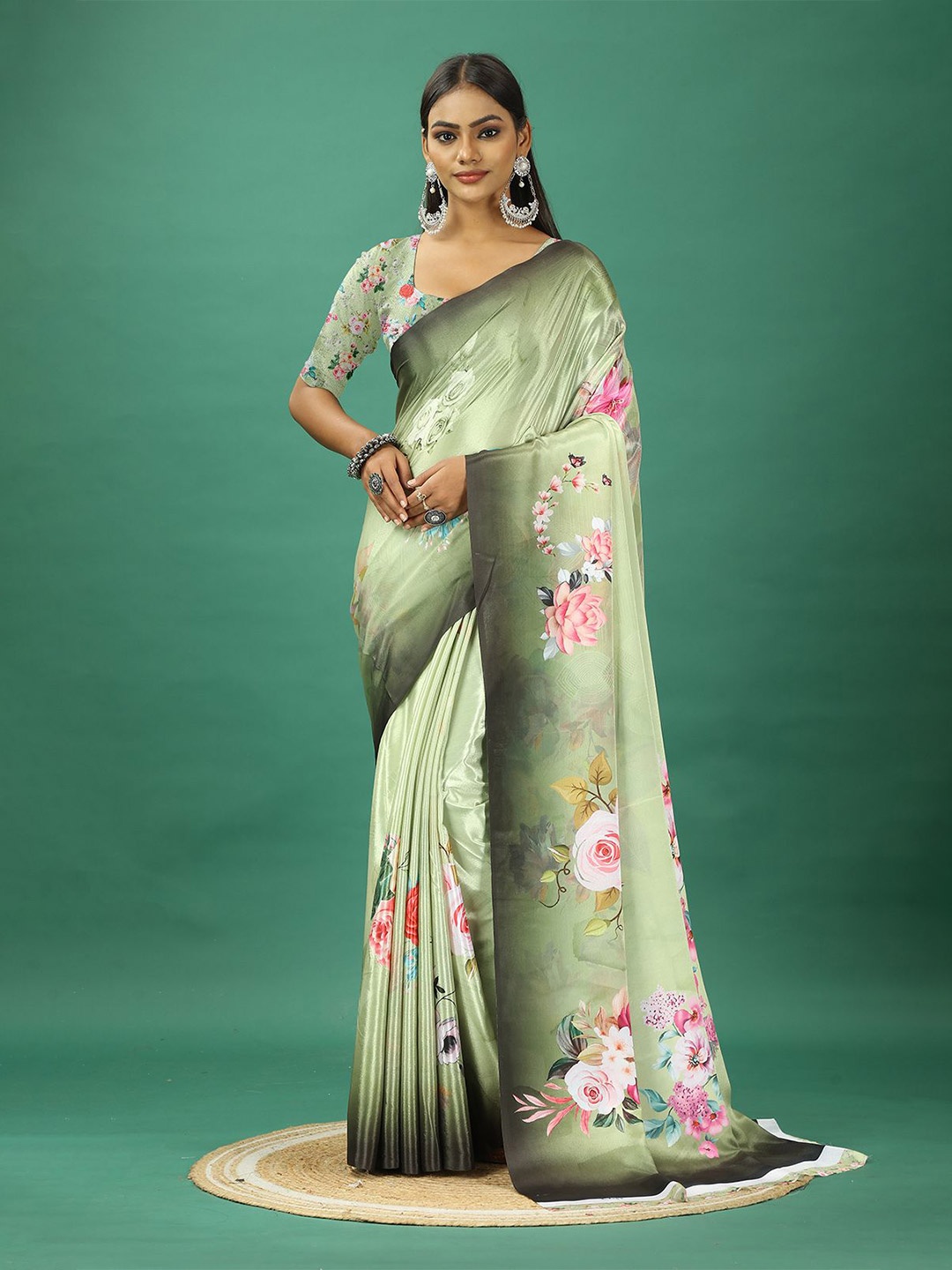 

NIRMAL CREATION Floral Printed Pure Crepe Saree, Green